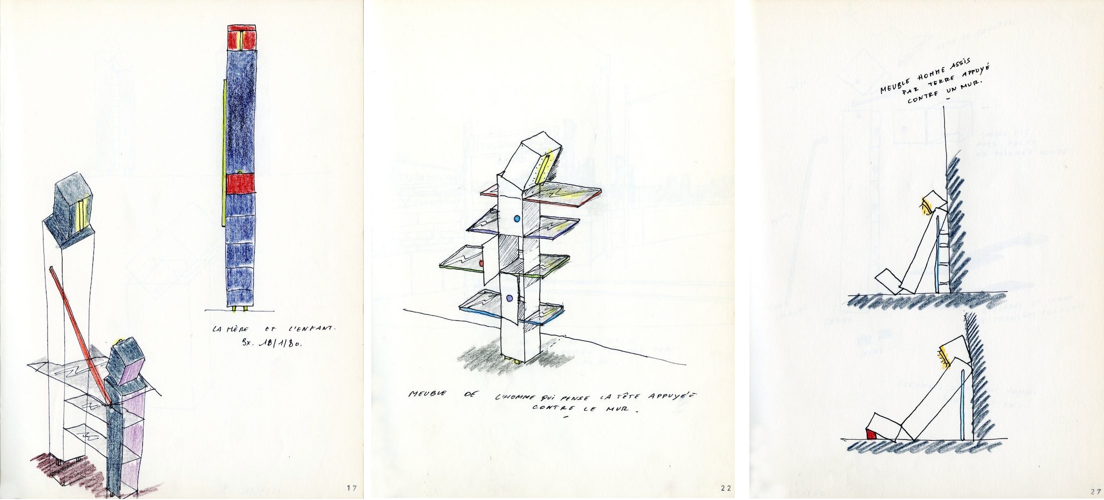 Photo de 3 pages du carnet BED 2 contenant des dessins de Martine Bedin, Bibliothèque Kandinsky