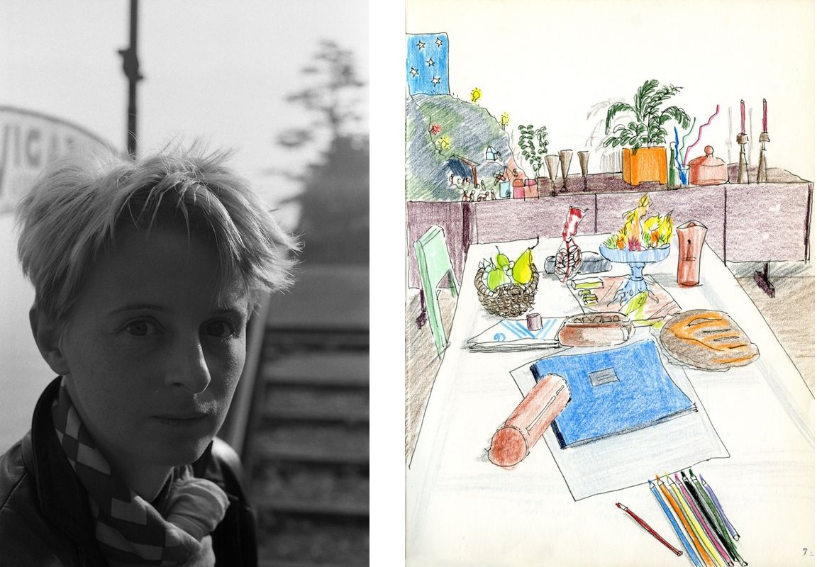 Photo de Martine Bedin par Ettore Sottsass (SOT 752) et photo d'une page du carnet n°2 de Martine Bedin, Bibliotheque Kandinsky