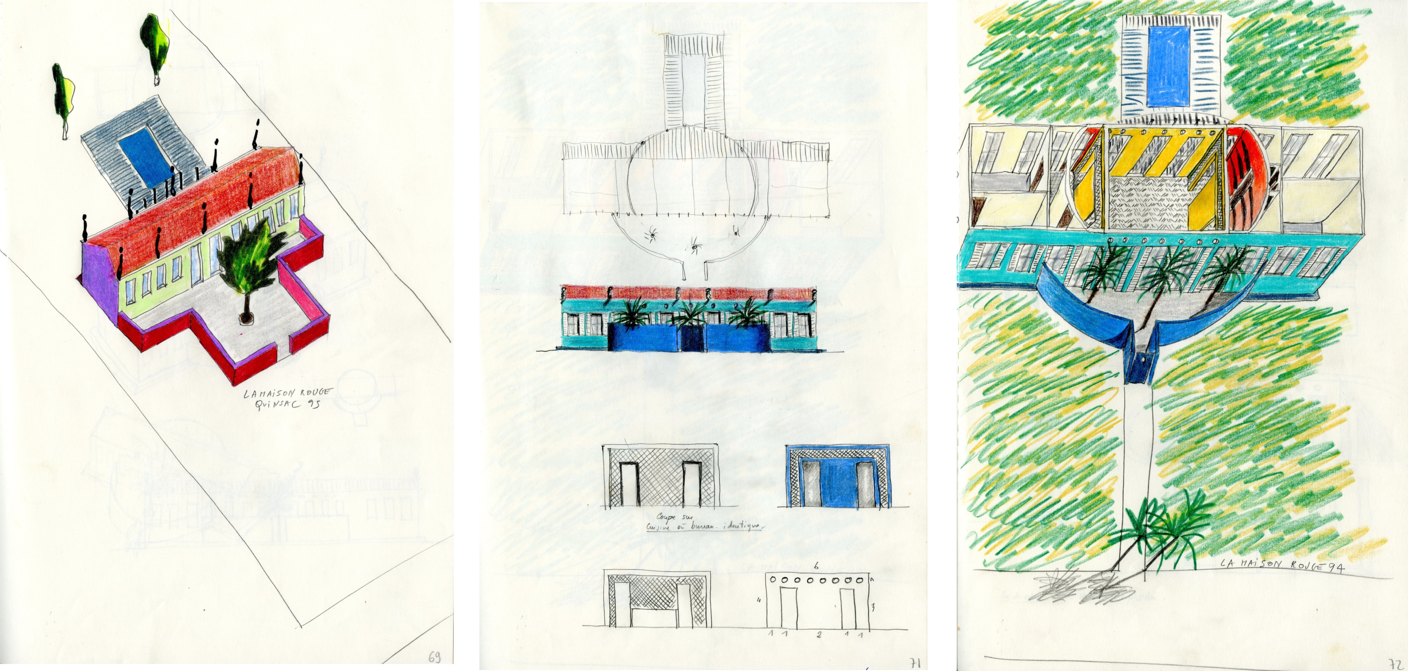 Photo de 3 pages d'un carnet de Martine Bedin représentant la maison rouge, BK